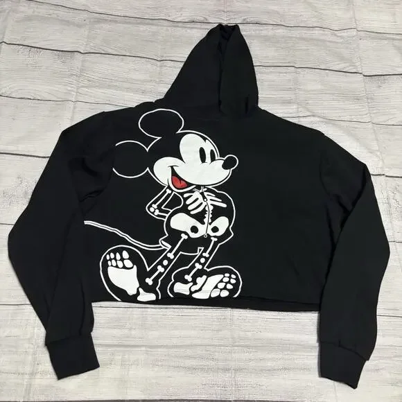 Disney Mickey Mouse Skeleton Juniors Size Large Oversized Cropped Hoodie Glows - Picture 1 of 11